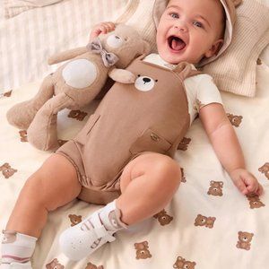 EUC Mayoral (Botique Brand) Teddy Overalls with Bear Print Attached Shirt + Hat
